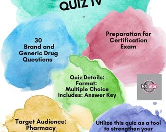 Quiz IV Top 200 Worksheet Digital Download, PTCB Exam, ExCPT, Nursing Student, Tutor Aid, Medical Brand/Generic Questions 30 w/key 4 of 7