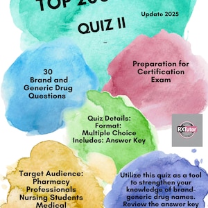 May include: A colorful graphic with the text "TOP 200 DRUGS QUIZ II Update 2025" and information about a quiz for pharmacy professionals, nursing students, and medical practitioners. The quiz includes 30 brand and generic drug questions and an answer key.