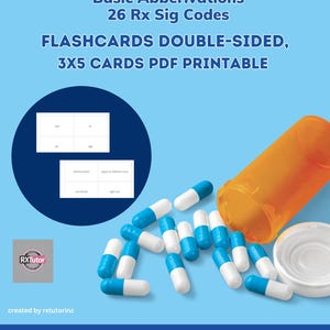Könnte beinhalten: Ein Satz druckbarer Karteikarten zum Erlernen gängiger Abkürzungen für Rezepte. Die Karteikarten sind doppelseitig und messen 3x5 Zoll. Das Bild zeigt einen blauen Hintergrund mit einem Haufen blauer und weißer Kapseln, die aus einer Pillenflasche fallen.