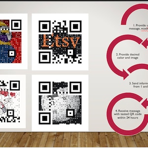 Puede incluir: Cuatro ejemplos de códigos QR personalizados con diferentes imágenes y colores. El primer código QR tiene una imagen de dibujos animados de un personaje amarillo con bigote y un fondo azul. El segundo código QR tiene la palabra "Etsy" en texto negro sobre un fondo blanco. El tercer código QR tiene una imagen de dibujos animados de un gato blanco con orejas rosas y un corazón rojo sobre un fondo blanco. El cuarto código QR tiene una imagen en blanco y negro de un reloj con un fondo negro. La imagen también muestra un diagrama de cuatro pasos para crear un código QR personalizado.