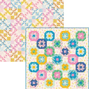Puede incluir: Una colcha colorida con un diseño de patchwork que presenta una variedad de formas geométricas y patrones florales en tonos de rosa, azul, amarillo y verde. La colcha está hecha de cuadrados y rectángulos más pequeños que se cosen juntos para crear un diseño más grande.