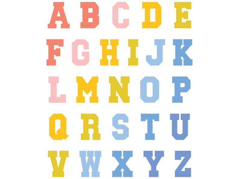 May include: A colourful alphabet chart with letters in a variety of colours, including red, pink, yellow, blue, and light blue. The letters are in a bold, blocky font.