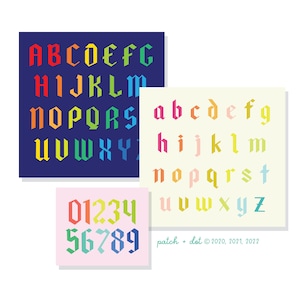 May include: Three cards with a rainbow gradient alphabet and numbers in a gothic font. The cards are on a white background. The text on the bottom card reads "patch + dot © 2020, 2021, 2022".