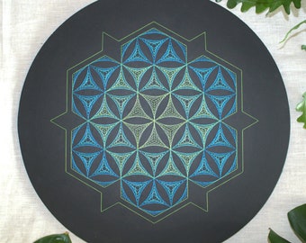 Psychedelisches, UV-aktives Flower Of Life String Art Mandala auf Leinwand