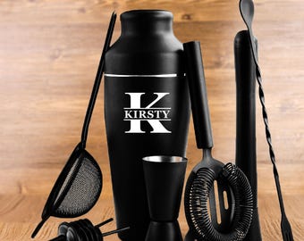 Aangepaste gegraveerde stalen matzwarte whiskycocktailshakerset, gepersonaliseerde aangepaste whiskywijnset, barmangereedschap, cadeau voor vader echtgenoot