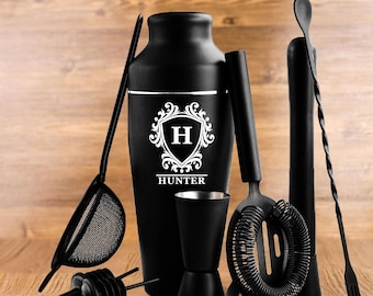 Gegraveerde staal matzwarte cocktail alcohol shaker, gepersonaliseerde custom whisky wijn set, martini barman tools, cadeau voor vader echtgenoot