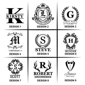 May include: Nine black and white designs for personalized gifts. Designs include initials, names, and titles like "Best Man" and "Groomsman." Each design is labeled with a number.
