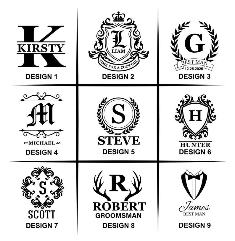 May include: Nine black and white designs for personalized gifts. Designs include initials, names, and titles like "Best Man" and "Groomsman." Each design is labeled with a number.