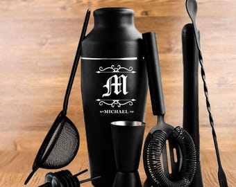 Juego de 9 cocteleras/agitadores de alcohol de acero grabado en negro mate, mezclador de bebidas personalizado, herramientas de barman, regalo para él