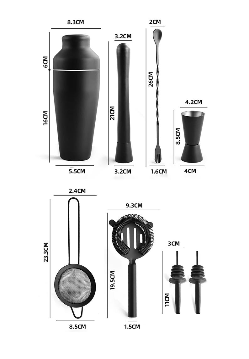 May include: A black cocktail shaker (16cm tall, 8.3cm wide), muddler (21cm), bar spoon (26cm), jigger (8.5cm), strainer (23.3cm), Hawthorne strainer (19.5cm), and two pour spouts (11cm). All items are black.