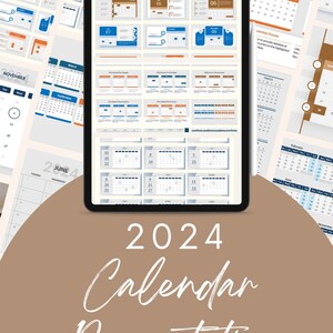 Könnte beinhalten: Ein digitales Tablet zeigt eine 2024-Kalenderpräsentationsvorlage mit 48 Folien. Die Vorlage verfügt über ein modernes Design mit blauen und orangen Akzenten. Der Kalender ist in Monate und Wochen unterteilt, wobei jeder Tag in einer anderen Farbe hervorgehoben ist.