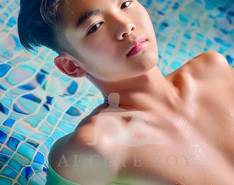 Half-naked, handsome Thai teen posing in a shallow-water swimming pool