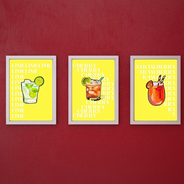 Set of 3 Cocktail Prints, Wall Art for Kitchen, Digital Kitchen Wall Decor, Strawberry, Lemon, Cherry, Yellow Home Decor