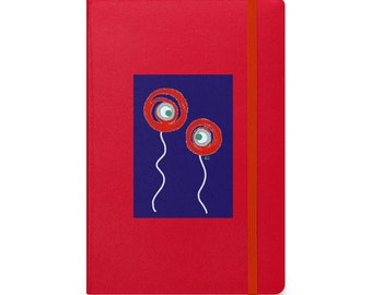 Hardcover bound notebook, red or turquoise,  decorated with funny, original graphics