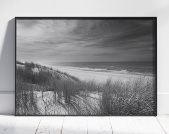 Fotografía de playa en blanco y negro, arte mural de paisaje costero, lámina de naturaleza para imprimir (descarga digital)