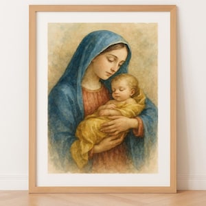 Mary Holds Baby Jesus Digital Download – Christian Art, Bible Wall Print, Catholic Watercolor Style, Nursery Decor, Baptism Gift