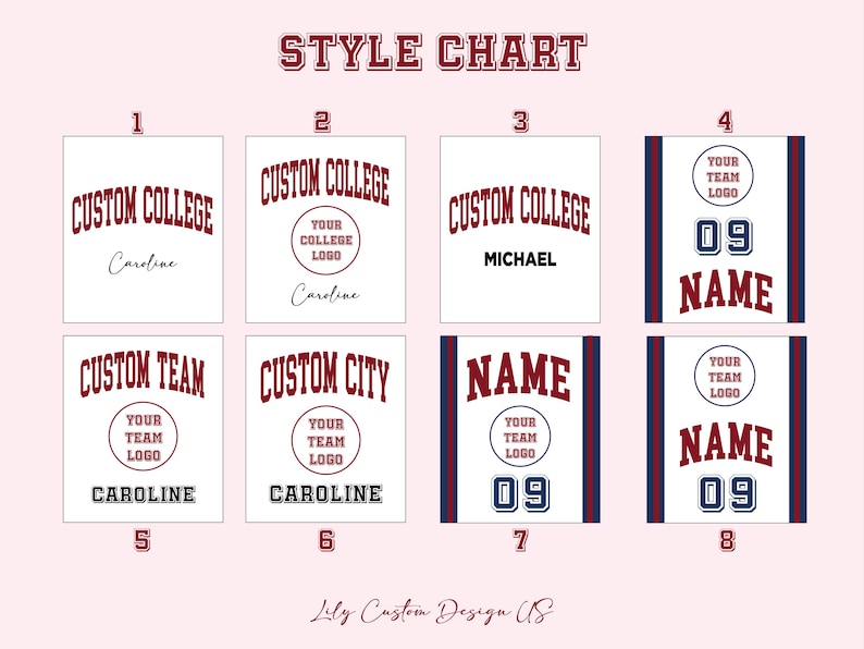 Peut inclure: Tableau de style pr&eacute;sentant 8 designs diff&eacute;rents pour un t-shirt personnalis&eacute;. Les designs incluent des options pour les noms de coll&egrave;ge, d'&eacute;quipe et de ville, ainsi que la possibilit&eacute; d'ajouter un logo. Le tableau comprend le texte "CUSTOM COLLEGE", "CUSTOM TEAM", "CUSTOM CITY", "NAME", "YOUR TEAM LOGO", et "CAROLINE".