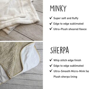 May include: Image showing two fabric samples: Minky and Sherpa. Minky is a soft, white fabric. Sherpa has a tan, textured side and a white, smooth side. Text highlights features like 'edge to edge sublimated' and 'plush sherpa lining'.
