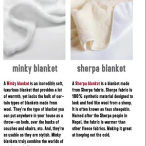 Peut inclure: Gros plan sur deux couvertures blanches, l'une &eacute;tiquet&eacute;e "minky blanket" et l'autre "sherpa blanket". La couverture minky est douce et moelleuse, tandis que la couverture sherpa est plus &eacute;paisse et a une surface plus textur&eacute;e.