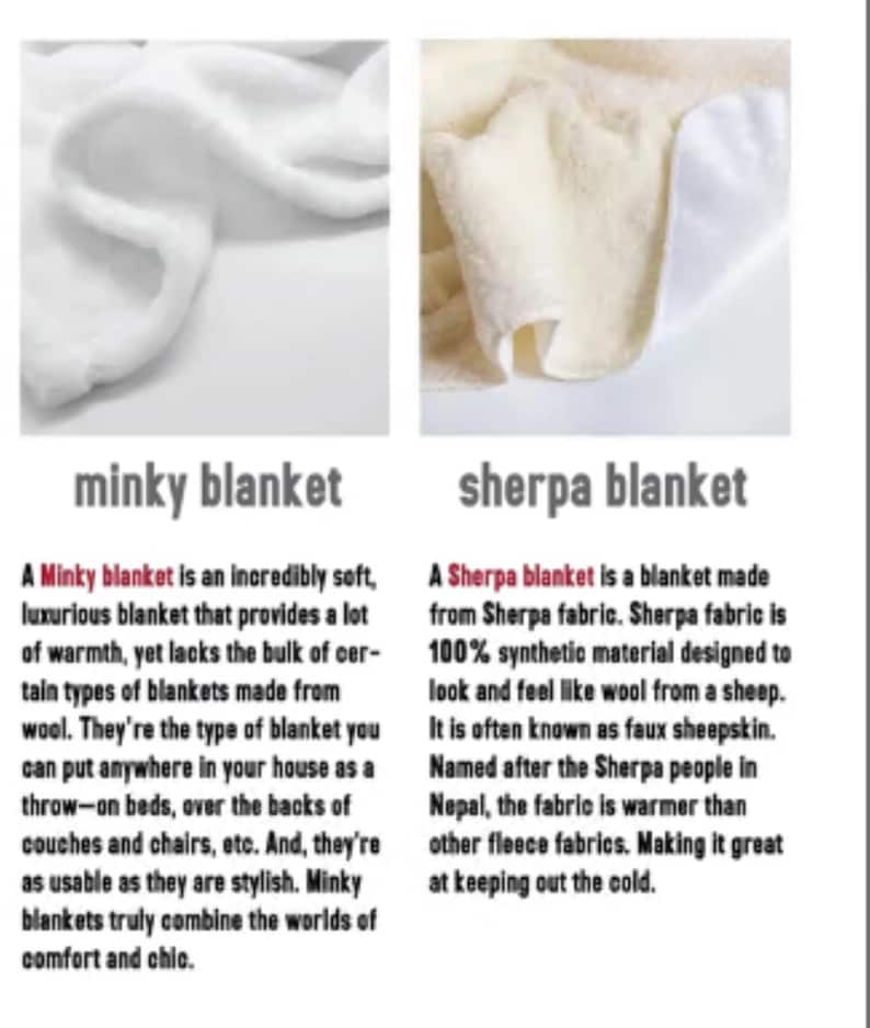 Peut inclure: Gros plan sur deux couvertures blanches, l'une &eacute;tiquet&eacute;e "minky blanket" et l'autre "sherpa blanket". La couverture minky est douce et moelleuse, tandis que la couverture sherpa est plus &eacute;paisse et a une surface plus textur&eacute;e.