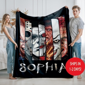 Custom Horror Blanket, Personalized Halloween Name Blanket, Movie Scary Characters Throw, Birthday, Christmas, Thanksgiving Gift for Son Dad image 1