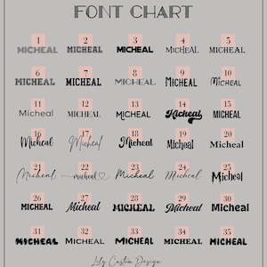 Peut inclure: Un tableau pr&eacute;sentant 35 styles de police diff&eacute;rents pour le nom "Micheal". Le tableau est intitul&eacute; "Font Chart" et comprend les num&eacute;ros 1 &agrave; 35.