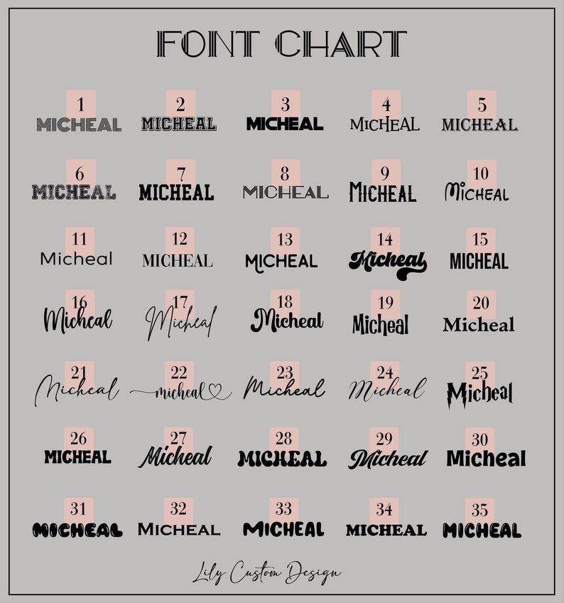 Peut inclure: Un tableau pr&eacute;sentant 35 styles de police diff&eacute;rents pour le nom "Micheal". Le tableau est intitul&eacute; "Font Chart" et comprend les num&eacute;ros 1 &agrave; 35.