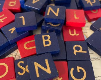 Vintage Red and Blue Wood Game Tiles, Upper and Lower Case Letters----Random Set of 15