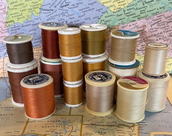 Vintage Tan/Beige/Brown Spools of Thread- Lot of 16