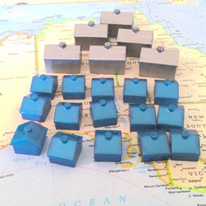 Vintage Monopoly Game Pieces, Silver Hotels and Blue Houses- Set of 21