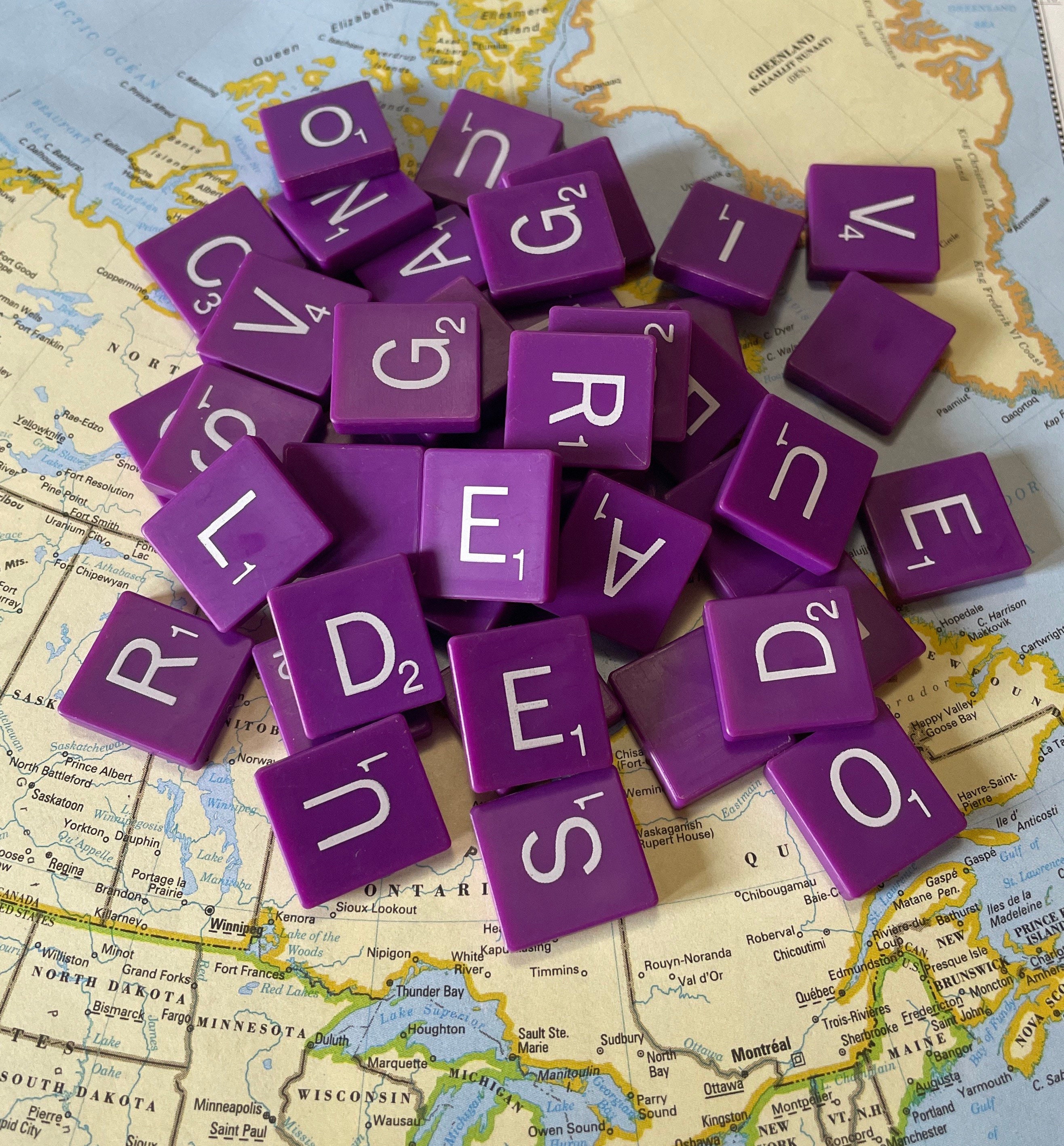 Purple Plastic Scrabble Tiles----Random Set of 32