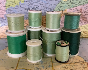 Vintage Shades of Green Spools of Thread- Lot of 10