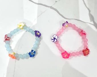 Handmade Summer Flower Charm Bracelets - Colorful Pastel Beaded Jewelry for Beach Vibes, Tropical Gifts, Boho Accessories, and Casual Floral