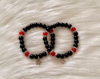 Handmade Beaded Bracelet: Black & Red Glass Beads with Star Charm