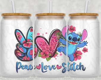 Peace Love Stitch Libbey Glass Wrap, 16 Oz and 20oz Glass Can Wrap PNG, Glass Tumbler Wrap, Glass Can Sublimation Wrap Design Download