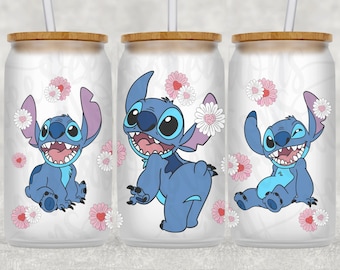 Stitch Flowers Libbey Glass Wrap, 16 Oz y 20oz Glass Can Wrap PNG, Glass Tumbler Wrap, Glass Can Sublimation Wrap Diseño Descargar