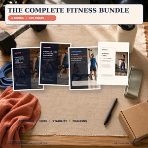 Könnte beinhalten: Ein Fitness-Paket bestehend aus vier Büchern mit insgesamt 199 Seiten. Die Einbände zeigen Titel wie The Complete Fitness Bundle, Strength, Core + Stability Workbook, 8-Week Dumbbell-Only Strength Program und Strong Core sowie Bilder von trainierenden Personen.