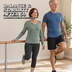 May include: A digital guide titled BALANCE & STABILITY AFTER 50 A 6-WEEK SUPPORTIVE PRACTICE PLAN. The image shows two individuals performing a one-legged balance exercise while holding onto a wooden ballet barre for support and stability.