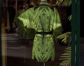 Silk Kimono Short Robe: Green Fern Leaf Print, Handmade Loungewear