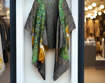 Silk Kimono Robe: Peacock Feather Design, Draped Loungewear