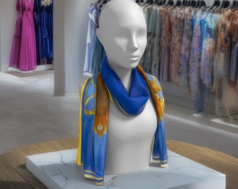 Bufanda con diseño de girasoles: Pañuelo largo de seda habotai, tinta reactiva