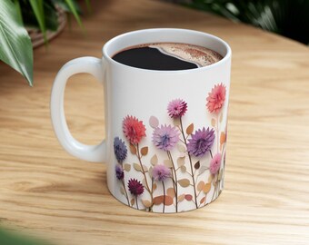 Pressed Flowers Mug, Boho Wildflowers Cottagecore Coffee Mug, Flower ...