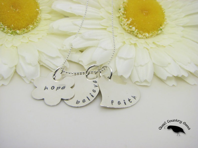 Personalized Hand Stamped Necklace Pendant in Sterling Silver, Faith, Hope, Believe image 2