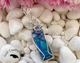 Multi-color Turquoise Fused Dichroic Glass Pendant Wire Wrapped