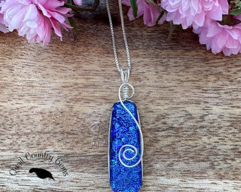 Handmade Blue Fused Dichroic Glass Pendant Wire Wrapped