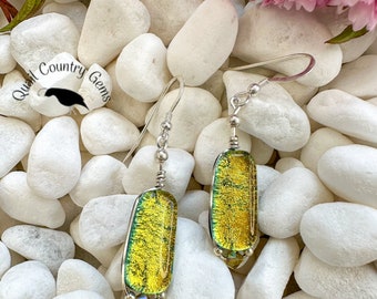 Yellow Handmade Fused Dichroic Glass Earrings Sterling Silver Earwire