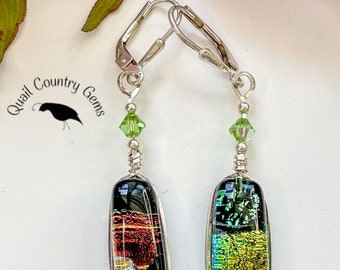 Black and Brown, Green and Yellow Fused Dichroic Glass Earrings Wire Wrapped Sterling Silver Earwire