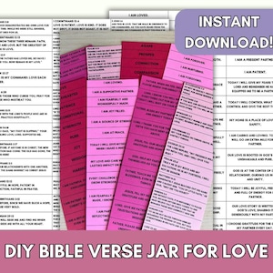 May include: A printable DIY Bible verse jar for love. The printable includes pink and red cards with Bible verses about love, support, and partnership. The text "DIY Bible Verse Jar for Love" is at the bottom of the image.
