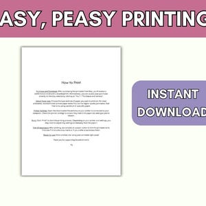 Op de afbeelding: Een wit vel papier met instructies over het afdrukken van een digitale download. De tekst zegt "How to Print" en bevat instructies over het kopen, downloaden, selecteren van het papiertype, de printerinstellingen en het trimmen. De tekst zegt ook "Direct downloaden".