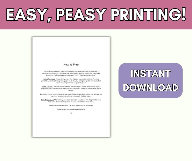 Op de afbeelding: Een wit vel papier met instructies over het afdrukken van een digitale download. De tekst zegt "How to Print" en bevat instructies over het kopen, downloaden, selecteren van het papiertype, de printerinstellingen en het trimmen. De tekst zegt ook "Direct downloaden".